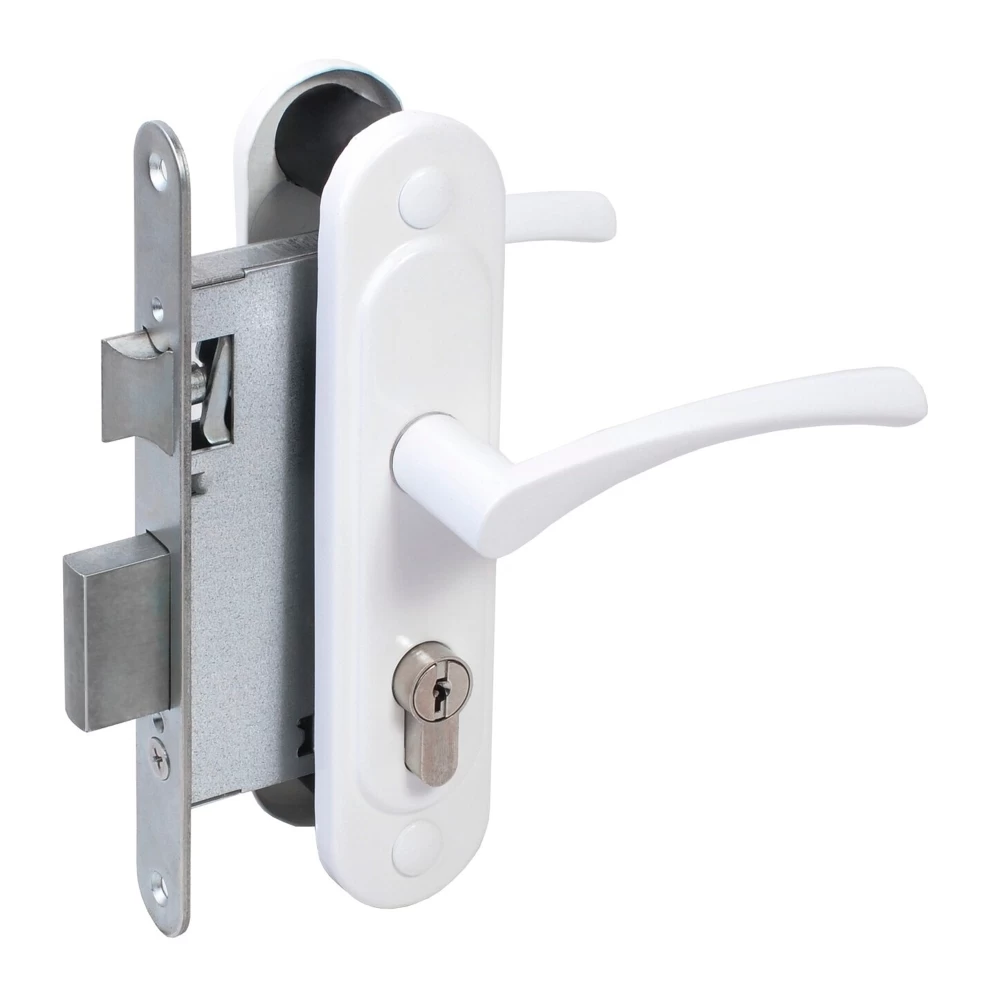 Фото Замок врезной цилиндровый с защёлкой в комплекте с ручкой ЗВ4-3/07 (белый глянец), 4 кл.