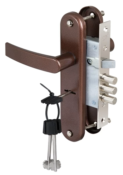 Фото Замок врезной сувальдный с защёлкой в комплекте с ручкой ЗВ9-8/13 (медный антик), 3 кл. /84301/
